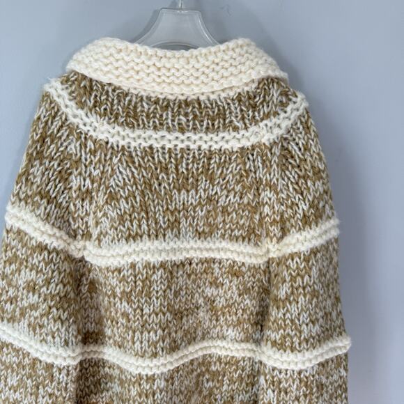 Stunning VTG Hand Knit Chunky Long Cardigan Belted Mustard Yellow Cream S Pocket - Picture 3 of 7